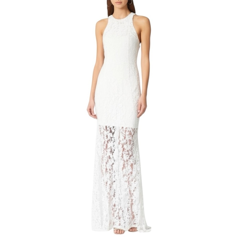 Aura RED DRESS White Lace Halter Neck Maxi Dress Sheer Split Hem Size XS